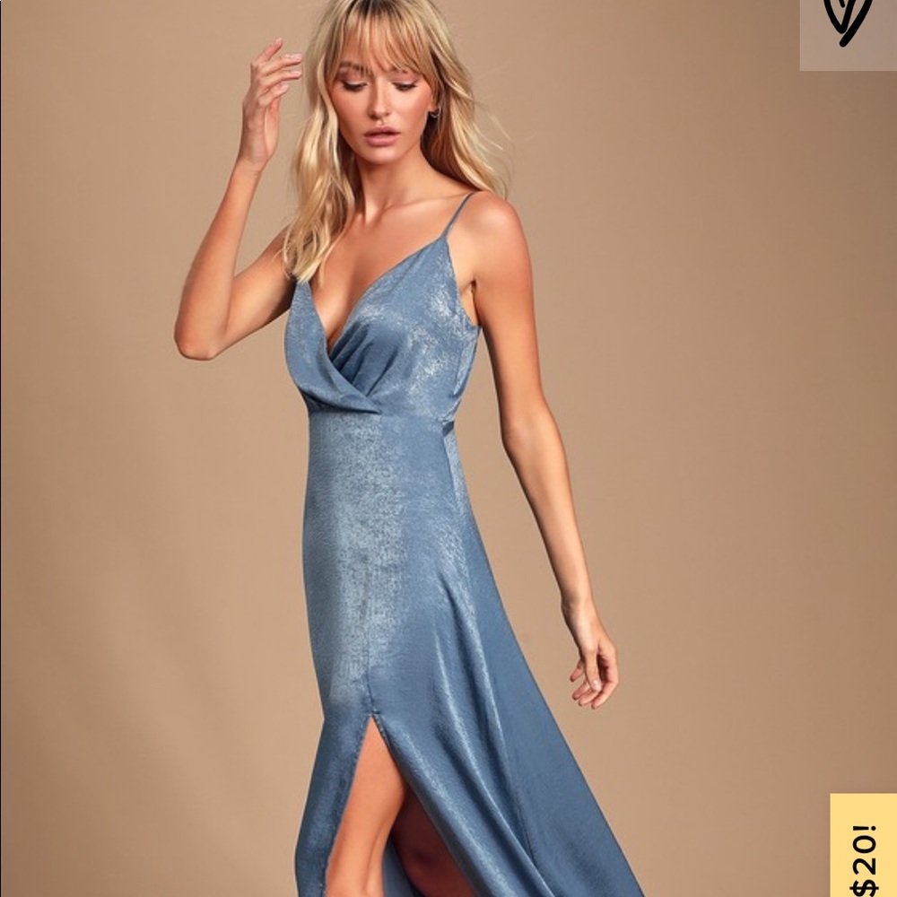 Lulus Constantine Slate Blue Satin Maxi Dress